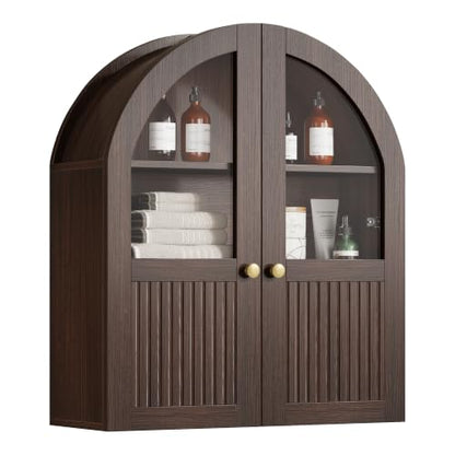 Vividwood Walnut Arched Wall Bathroom Cabinet 24x28 Inch with Glass Door & Adjustable Shelf - 1 Pack