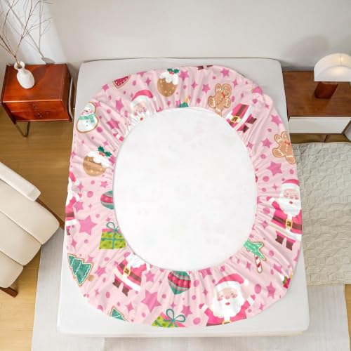 Pink Christmas Bed Sheets Set Twin Size Cartoon Santa Gingerbread Snowman No Top Flat Sheet