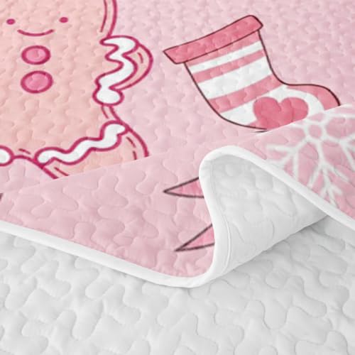 Pink Christmas Quilt Set with Santa & Gingerbread Man - Full Size, White Beige Pink Variation