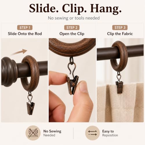 Wood Curtain Rings with Clips - 1.77" Inner Diameter, Walnut Finish, Set of 12