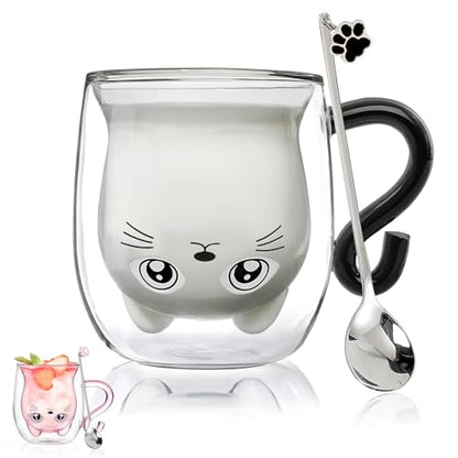 Black Cat Mug - Cute Double Walled Coffee Tea Cup with Handle - Halloween Gift for Cat Lovers (Black Variation)