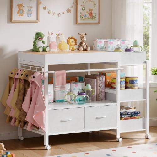 Baby Changing Table with Storage and Locking Wheels - White Nursery Organizer