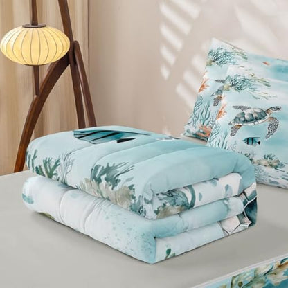 Kids Ocean Beach Zipper Bedding Set Queen Light Blue Grey - Microfiber Comforter & Fitted Sheet