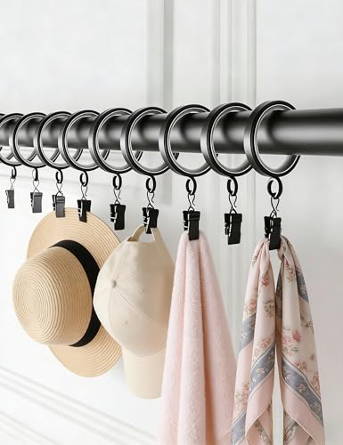 24 Pack Black Curtain Rings with Clips - 1-5/8 Inch Slim Fit, Noiseless Glide