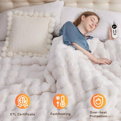 Electric Heated Blanket Throw with 6 Heat Levels and Auto-Off 50x60 White Faux Rabbit Fur