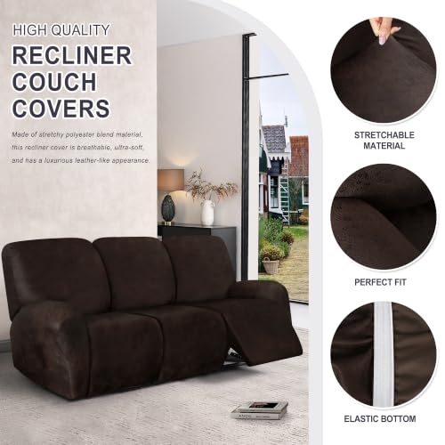 Leather Look Recliner Couch Cover 8-Piece Set for 3 Seater - Coffee Brown