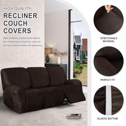 Leather Look Recliner Couch Cover 8-Piece Set for 3 Seater - Coffee Brown