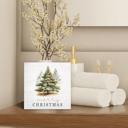 Christmas Pine Tree Farmhouse Wood Box Sign - Winter Holiday Decor 5x5 - Color 11