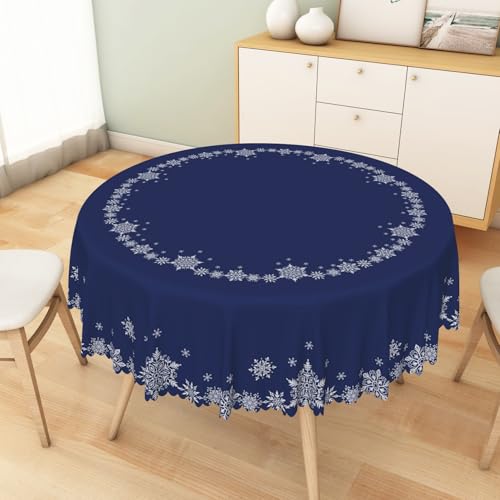 Christmas Round Tablecloth 42 Inch Navy Blue Snowflakes Circular Washable Fabric Holiday Decor Variation