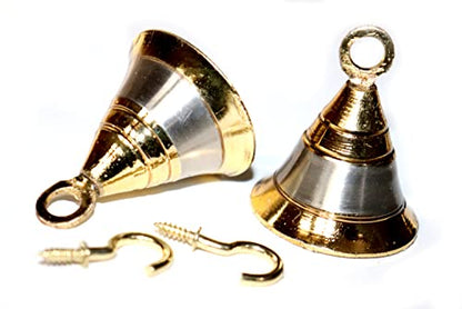 Brass Pooja Bells with J Hook - 2 Inch Hanging Wall Ornaments, Silver & Gold (12) - Christmas Decor
