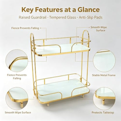 2-Tier Gold Countertop Storage Organizer with Tempered Glass Shelf for Bathroom Kitchen & Bedroom