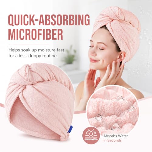 Microfiber Hair Towel Wrap for Women - Quick-Drying, Soft Absorbent Turban with Elastic Button Loop, Lightweight for Wet, Long, Curly & Thick Hair, Blush Pink