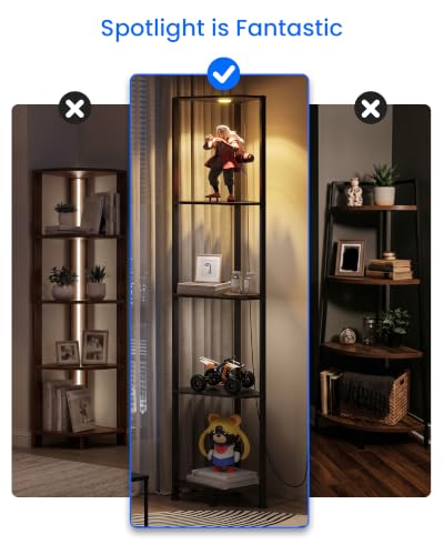 65-Inch Corner Shelf with LED Spotlight 5-Tier Industrial Display Black
