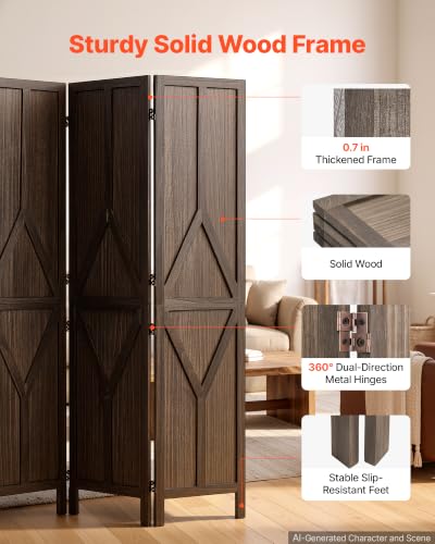 Wood Room Divider 4 Panels Folding Privacy Screen with Y Pattern - Sturdy Wood Partition