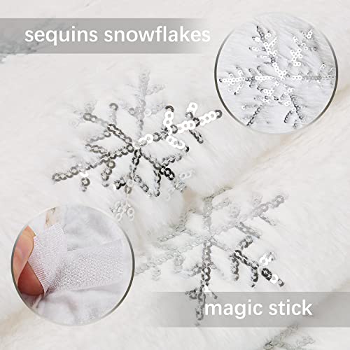 White Faux Fur Christmas Tree Skirt 48 Inch Silver Snowflakes Holiday Decor