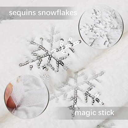 White Faux Fur Christmas Tree Skirt 48 Inch Silver Snowflakes Holiday Decor