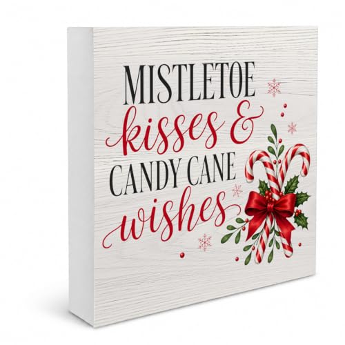 Christmas Candy Cane Mistletoe Wooden Sign - Wishes Holiday Table Decor