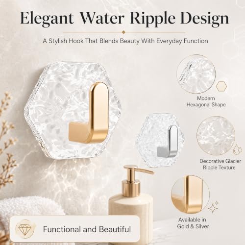Gold Glacier Ripple Hexagonal Self-Adhesive Hooks 24PCS - Waterproof Heavy Duty Home Organizer