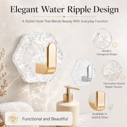 Gold Glacier Ripple Hexagonal Self-Adhesive Hooks 24PCS - Waterproof Heavy Duty Home Organizer