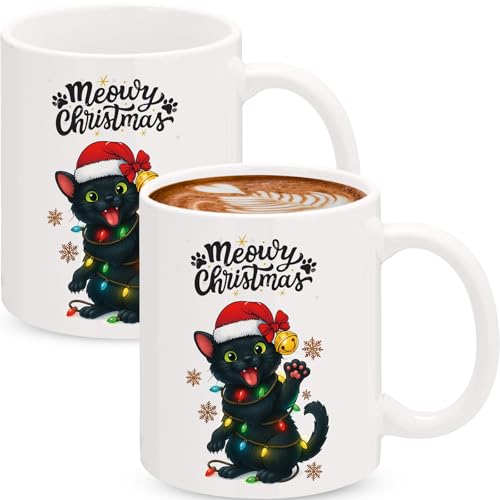Christmas Black Cat Coffee Mug Set - 11oz Ceramic Cups for Holiday Gift