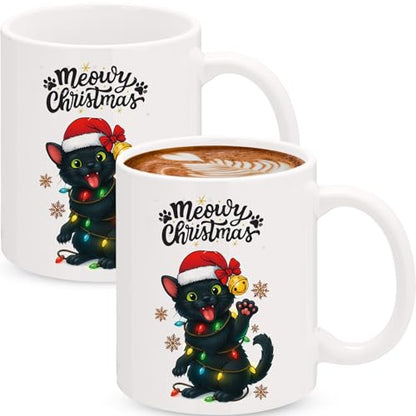 Christmas Black Cat Coffee Mug Set - 11oz Ceramic Cups for Holiday Gift