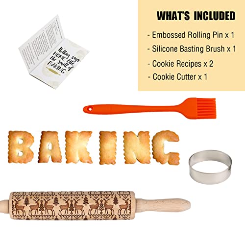 Embossed Rolling Pin for Baking Cookies Embossing Rolling Pins with Design Wooden Engraved Springerle Roller Pin Dough Animal Patterned Clay Pottery Ceramic Stamp Gifts Bakers Women Kids (Cat & Heart)