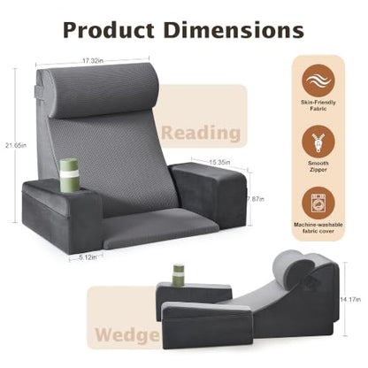 Reading Pillow for Bed with Armrests, Cup Holder & Pockets, Back Support Cushion