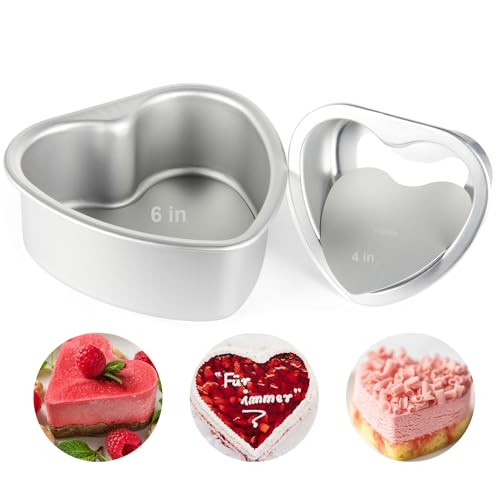 TAOUNOA Heart Shaped Cake Pans for Valentine's Day and Home Baking, 4 Inch and 6 Inch Set of 2, Aluminum Cake Pans with a Removable Bottom