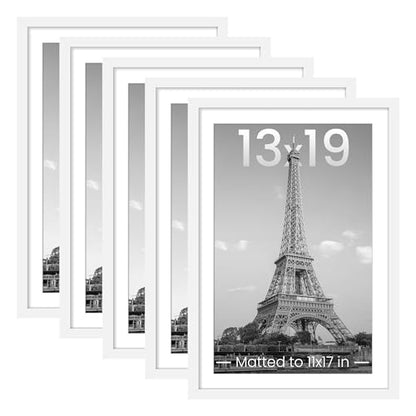 upsimples 13x19 Picture Frame Set of 5, Display Pictures 11x17 with Mat or 13 x 19 Without, Wall Gallery Poster Frames, White
