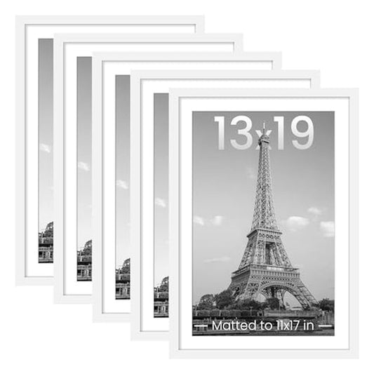 upsimples 13x19 Picture Frame Set of 5, Display Pictures 11x17 with Mat or 13 x 19 Without, Wall Gallery Poster Frames, White