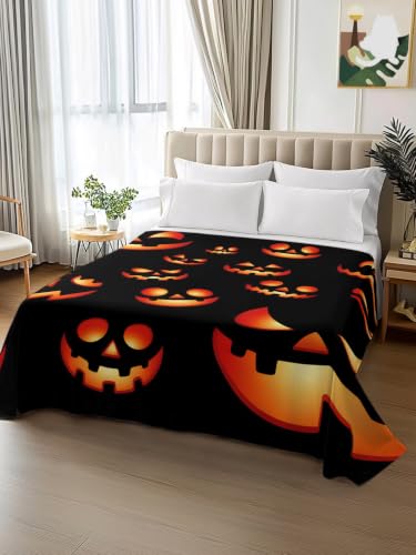 Halloween Twin Flat Sheet Spooky Jack-O-Lanterns Bedding - Black, Red, Orange, 66x96 Inches