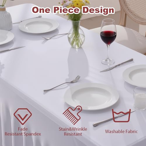 White Spandex Table Cloths 3 Pack for 6ft Rectangle Tables with Skirt - Wrinkle-Free Fitted Cover Set