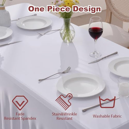 White Spandex Table Cloths 3 Pack for 6ft Rectangle Tables with Skirt - Wrinkle-Free Fitted Cover Set