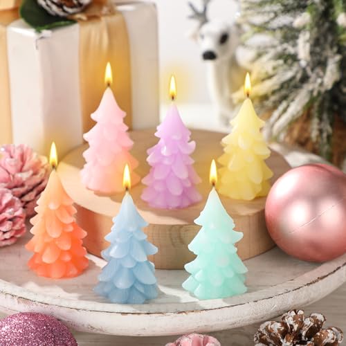 Pastel Christmas Tree Candles Set - 6 Mini Holiday Decor - Tree / Pastel / 6