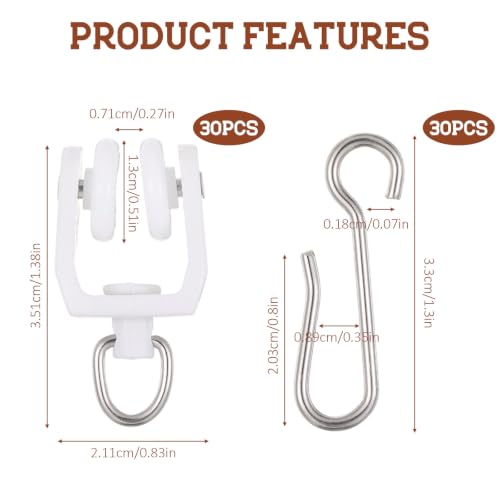 30PCS Curtain Track Rollers & Hooks Set White - Flexible & Durable Home Hardware