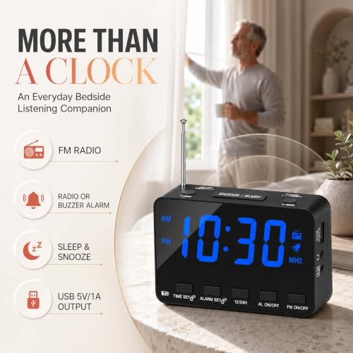 Alarm Clock Radio with FM, USB Charging, Sleep Timer & Snooze