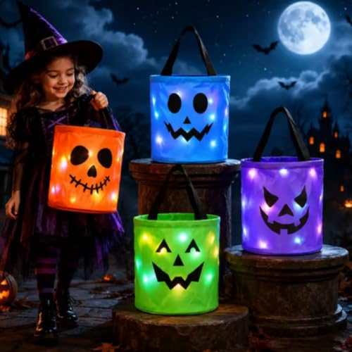 Blue LED Light Up Halloween Pumpkin Candy Bucket 9.45x8.66x3.94 Inch