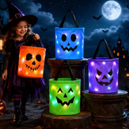 Blue LED Light Up Halloween Pumpkin Candy Bucket 9.45x8.66x3.94 Inch