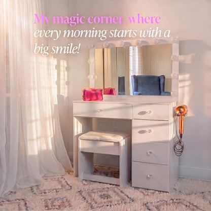 Cleo Vanity Desk with Framed Bulb Mirror, 5-Drawer Makeup Station & Stool
