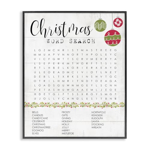 Christmas Word Search Holiday Game Framed Giclée Print - 11 x 14 Inch, Black Frame, Festive Decor