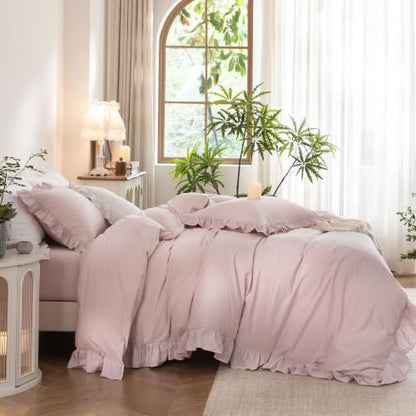 Ruffle Duvet Cover Set Queen 100% Washed Cotton Linen Feel Grayish Pink
