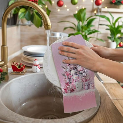 Pink Preppy Coquette Bow Christmas Snowman Kitchen Towels - Holiday Dish Hand Towels 16x24
