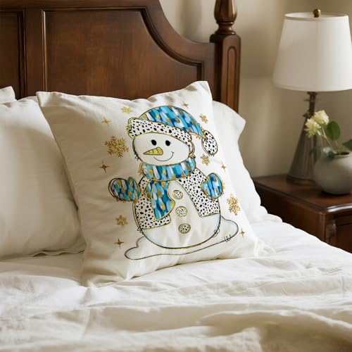 Christmas Snowman Pillow Cover 18x18 - Blue Glitter Winter Decor - Snowman1