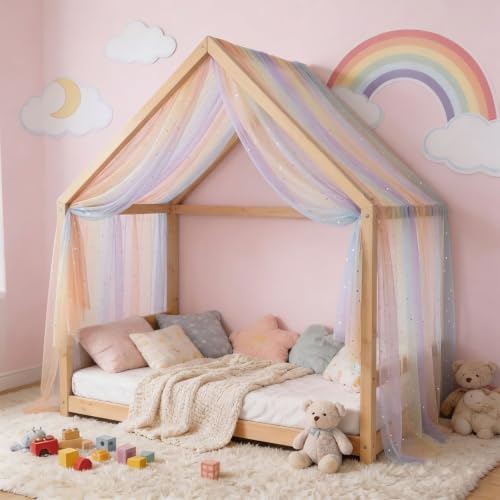 Pastel Rainbow Sheer Canopy Bed Curtains for Girls Twin & House Bed - Glitter Variation