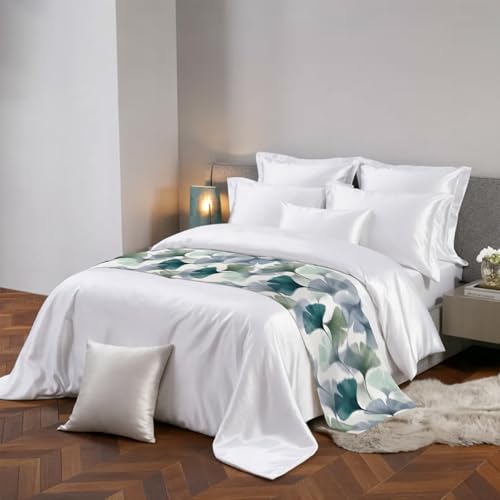 King Size Bed Runner with Ginkgo Leaves - Green Grey Decorative Throw for Bed, 94 x 20 Inches, Teal/Sage/Slate Blue Mint Variation