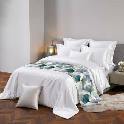 King Size Bed Runner with Ginkgo Leaves - Green Grey Decorative Throw for Bed, 94 x 20 Inches, Teal/Sage/Slate Blue Mint Variation