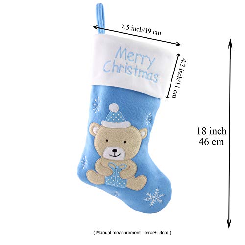 Baby’s First Christmas Stocking Felt Teddy Bear Embroidered White Cuff Blue - Holiday Decoration Gift Bag