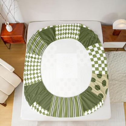 Square Green Kids Bed Sheets Set Full Size Polka Dot Stripe Pattern with Pillowcases