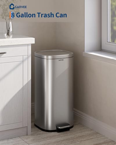 Garvee 8 Gallon Stainless Steel Trash Can with Quiet Close Lid - Silver, Space-Saving