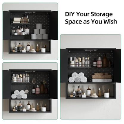 Kalrin Wall Bathroom Cabinet with Adjustable Baskets & Hooks - Black